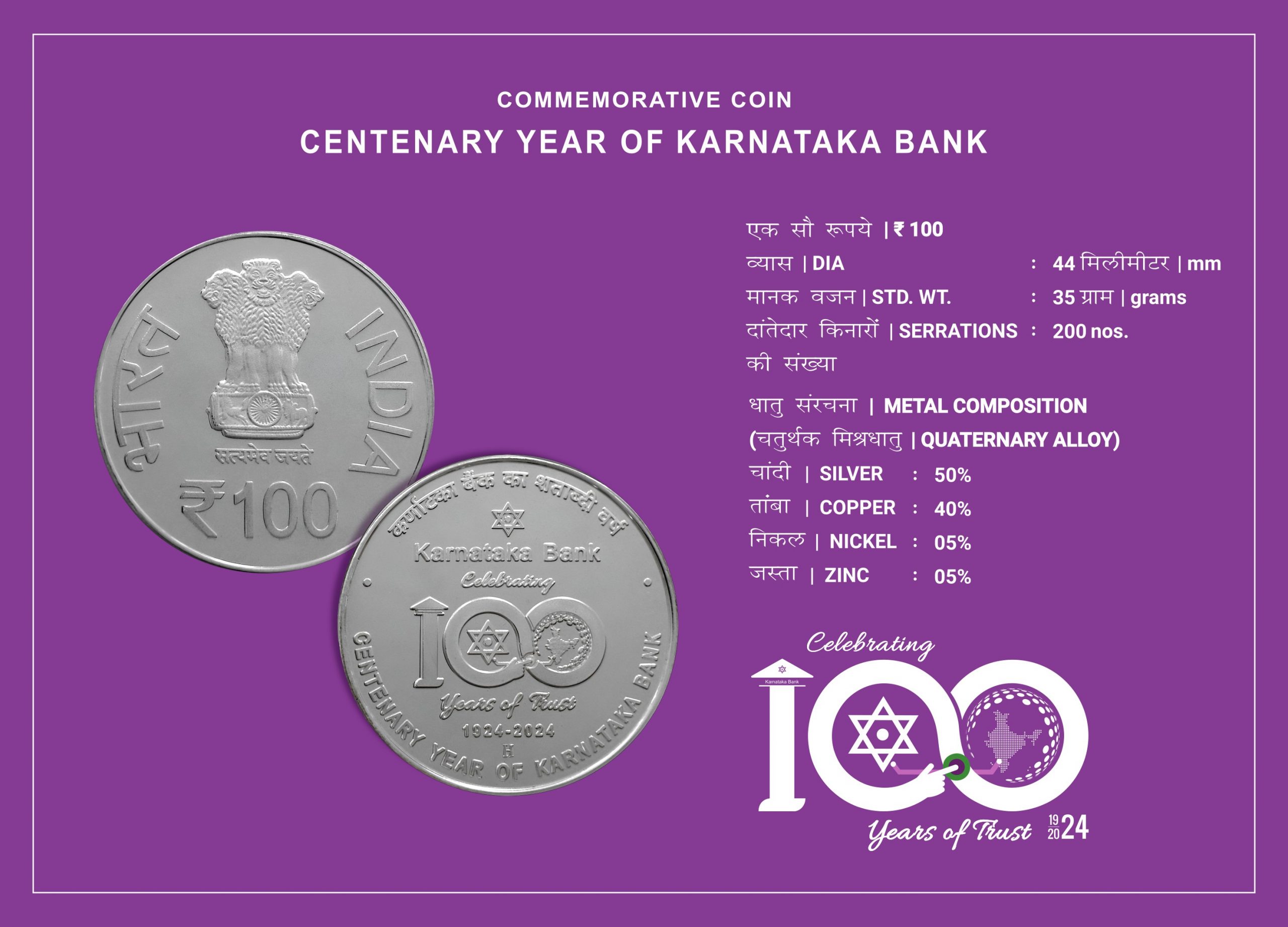 Karnataka Bank - Celebrating 100 Years of Trust | Rs. 100 Proof Coin | MDF Box - Image 4