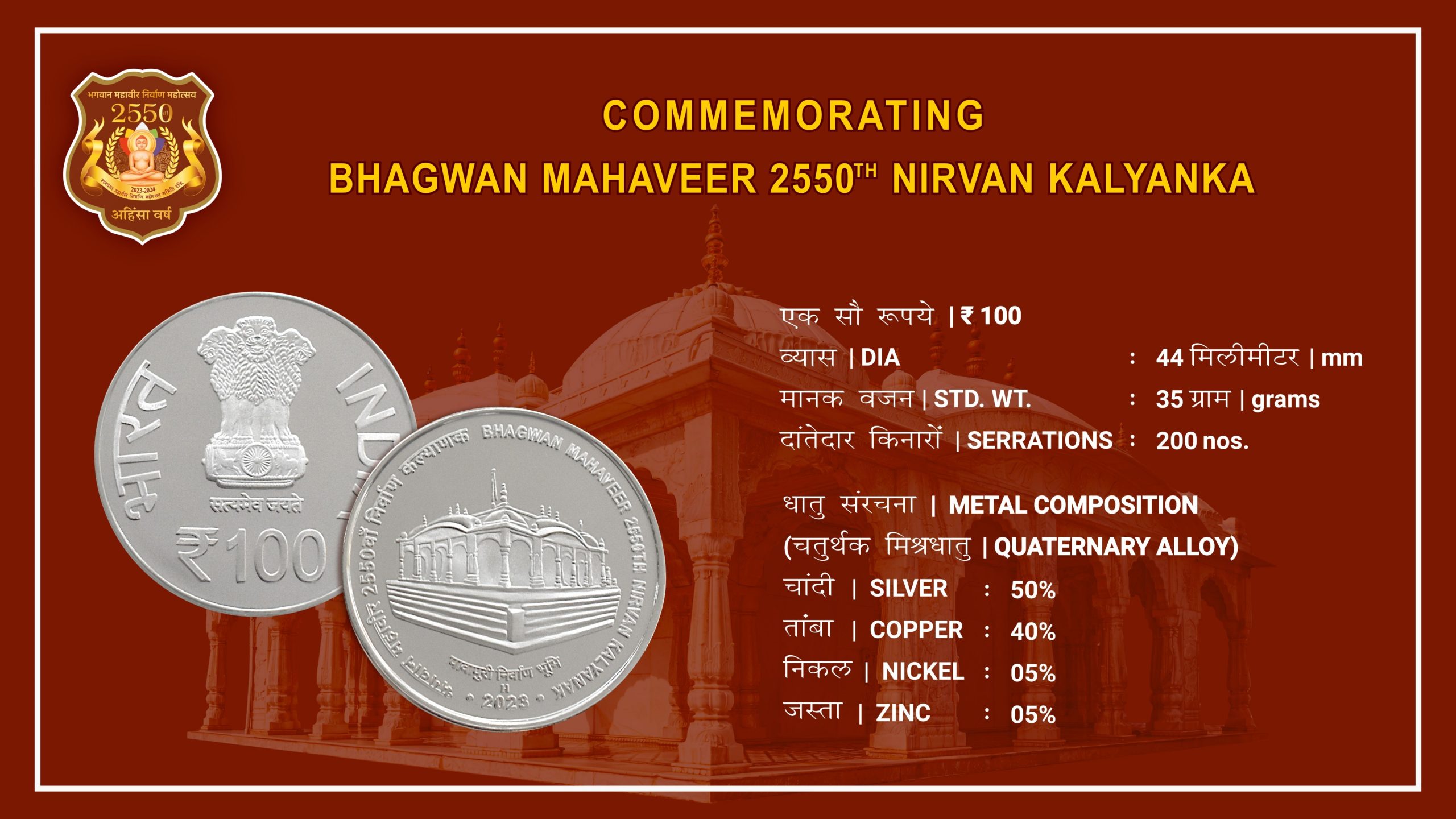 Bhagwan Mahaveer 2550th Nirvan Kalyanak | Rs. 100 Proof Coin | 3 Folder Pack - Image 4